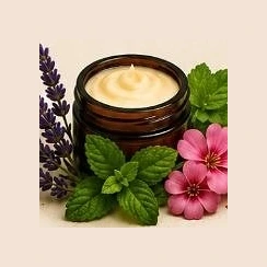 Tiegel Rindertalgsalbe zwischen Lavendel, Minze und Rosengeranie